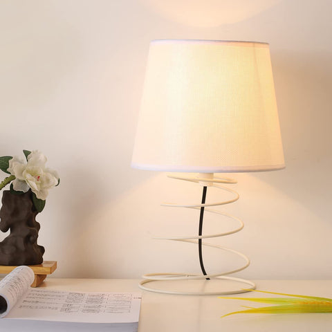Lámpara de mesa minimalista moderna, lámpara de escritorio de tela blanca con tubo de hierro en espiral industrial, luz nocturna E27 para estudio, sala de estar, dormitorio, mesita de noche (sin bombillas)