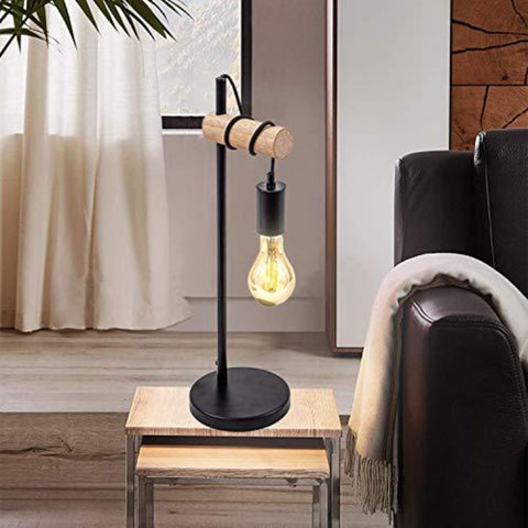 Lámpara de Mesa, Lámpara de Lectura de Diseño Retro, Madera y Metal, Iluminación de Oficina y Dormitorio, Lámpara de Noche, Para Bombilla LED E27 10W Máx.(Negro)