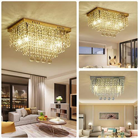Lámpara de techo de cristal, luces de araña de cristal, lámpara de techo cromada rectangular de 5 luces para lámpara de araña, comedor, dormitorio, sala de estar, oficina Tamaño: largo 45 cm, ancho 25 cm, alto 28 cm