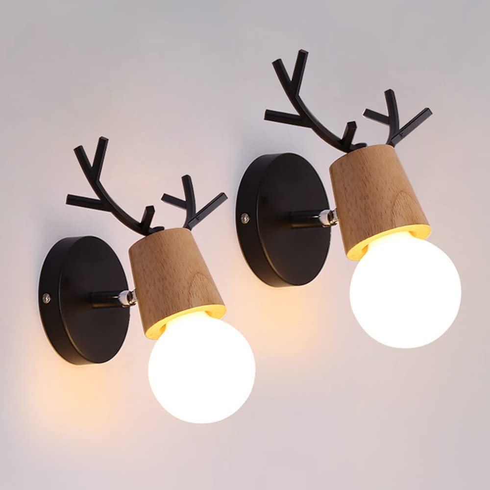 Lámpara de pared retro, paquete de 2, lámpara de pared de madera con diseño de asta creativa, iluminación de pared de metal vintage, lámparas de pared interiores ajustables para sala de estar, dormitorio, pasillo, decoración moderna