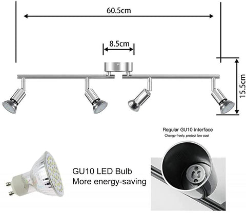 Focos de techo LED, luces de techo giratorias de 360°, iluminación puntual LED, bombillas de techo de metal GU10 modernas de 4 cabezales, IP20