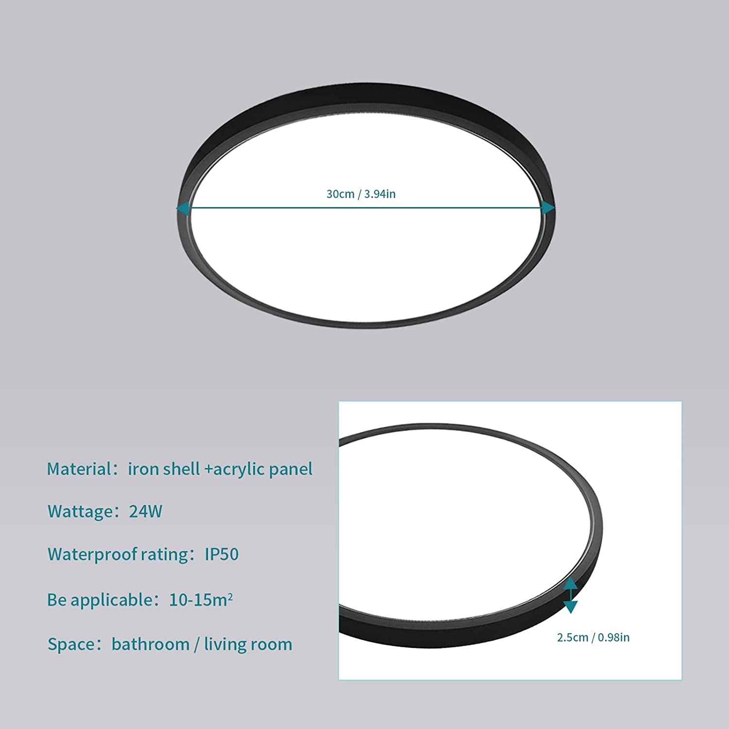 Lámpara de Techo LED de 24W, Lámpara de Techo IP50 de 2160LM, Lámpara de Techo Ultrafina Blanca Fría de 6500k, Lámpara de Techo Redonda Negra para Dormitorio, Sala de Estar, Pasillo, Balcón, Baño, Oficina, Ø30cm