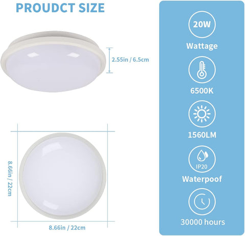 Lámpara de Techo LED Redonda, Lámpara de Techo para Baño, IP54 Impermeable 6500K Blanco Frío, Lámpara de Techo Moderna para Baño Dormitorio Cocina Sala de Estar Balcón 20W Diámetro 22cm