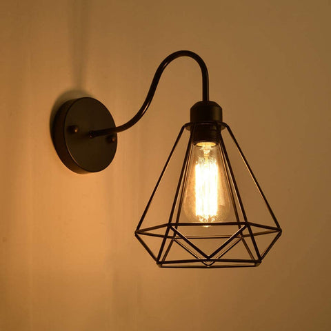 Apliques de pared industriales vintage con jaula de metal de diamante negro, lámpara de techo E27 Edison, aplique retro para interiores, decoración para sala de estar, cocina, pasillo, dormitorio, cafetería, bar, paquete de 2