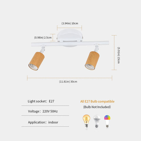 Lámpara de Techo LED 2 Puntos Ajustables, Lámpara de Techo LED Blanca Madera, Iluminación de Techo Interior para Cocina, Sala de Estar, Dormitorio, Pasillo, Sin Bombillas, Máx. 60W