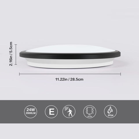 Lámpara de techo LED, lámpara de techo moderna redonda de 24 W, luz de techo con sensor de movimiento negro, IP54 impermeable, a prueba de polvo, lámpara LED interior para baño, balcón, pasillo, entrada, 6000 K