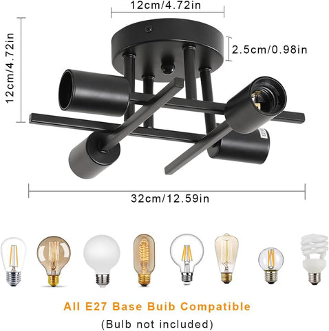 Lámpara de techo vintage E27 base 4 lámparas lámpara de techo para sala de estar dormitorio comedor oficina negro