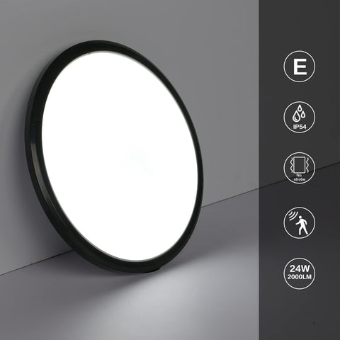 Lámpara de techo LED, lámpara de techo moderna redonda de 24 W, luz de techo con sensor de movimiento negro, IP54 impermeable, a prueba de polvo, lámpara LED interior para baño, balcón, pasillo, entrada, 6000 K