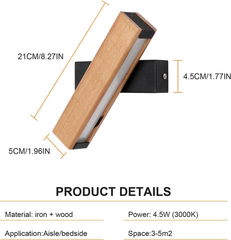 Lámpara de pared LED de madera, lámpara de pared rectangular moderna giratoria, blanco frío 6000K 4,5 W para dormitorio, sala de estar, pasillo, entrada