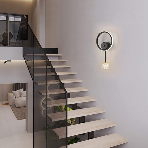 Aplique de pared interior, lámpara de pared LED de diseño redondo moderno de 17 W, aplique de pared LED 3000 K, luz cálida negra para dormitorio, sala de estar, pasillo