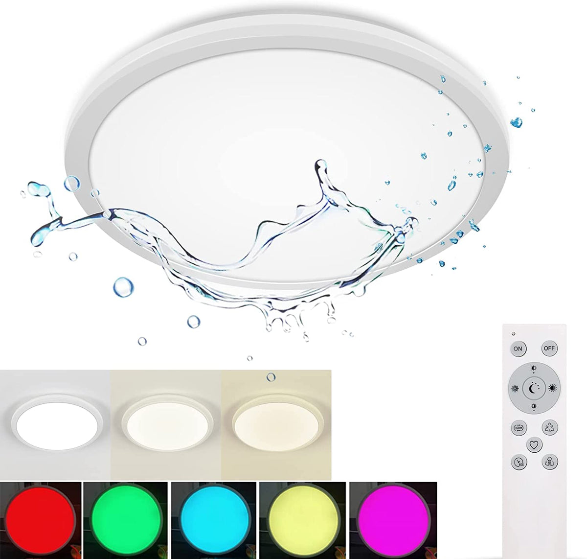 Lámpara de Techo LED Regulable, Lámpara de Techo para Baño IP54, 24W 3100LM, 2700-6500K RGB Lámpara de Techo Moderna Impermeable con Control Remoto para Sala de Estar, Dormitorio (Ø28cm)