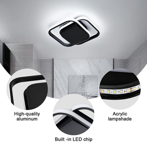 Lámpara de techo LED moderna, lámpara de techo cuadrada blanca fría de 6000K para sala de estar, dormitorio, comedor, oficina, negro