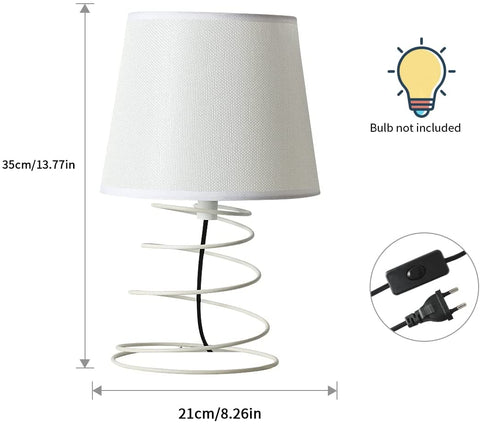 Lámpara de mesa minimalista moderna, lámpara de escritorio de tela blanca con tubo de hierro en espiral industrial, luz nocturna E27 para estudio, sala de estar, dormitorio, mesita de noche (sin bombillas)