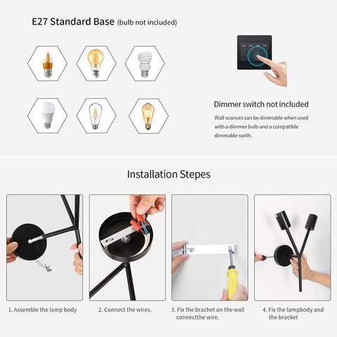Apliques de pared de 2 luces, lámpara de pared industrial, lámpara de pared vintage para interiores, para espejo, dormitorio, mesita de noche, sala de estar, pasillo (negro)