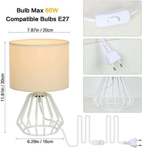 Lámpara de Noche, Lámpara de Mesa con Base Calada y Pantalla de Tela Blanca, Lámpara de Escritorio Minimalista para Dormitorio, Sala de Estar, Oficina (Bombilla E27 No Incluida)