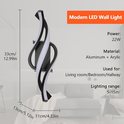 Lámpara de pared LED de 22 W, lámpara de pared moderna en forma de espiral, blanco neutro, 4000 K, para dormitorio, sala de estar, pasillo, entrada, color negro