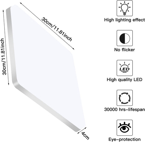 Lámpara de Techo LED Cuadrada, Lámpara de Techo LED, Lámpara de Techo LED IP44, Lámpara de Techo Aplicable a Baño, Sala de Estar, Cocina, Dormitorio, Pasillo, Balcón 48W 6500K（30x30CM）
