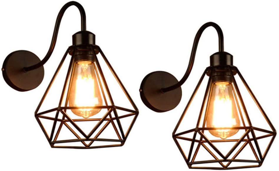 Apliques de pared industriales vintage con jaula de metal de diamante negro, lámpara de techo E27 Edison, aplique retro para interiores, decoración para sala de estar, cocina, pasillo, dormitorio, cafetería, bar, paquete de 2