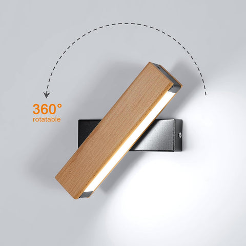 Lámpara de pared LED de madera, lámpara de pared rectangular moderna giratoria, blanco frío 6000K 4,5 W para dormitorio, sala de estar, pasillo, entrada