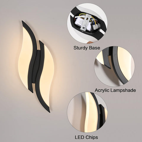 Luz de pared interior LED, lámpara de pared moderna 12W 2300LM, iluminación acrílica Lámpara de pared para sala de estar dormitorio escalera 3000K luz blanca cálida color negro