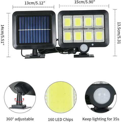 Lámpara Solar Exterior, Luz Solar con Sensor de Movimiento, Lámpara de Seguridad con Cable de 5M Impermeable IP65, 160 LED 3 Modos, para Cobertizo Garaje Jardín Balcón