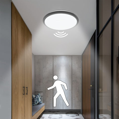 Lámpara de techo LED, lámpara de techo moderna redonda de 24 W, luz de techo con sensor de movimiento negro, IP54 impermeable, a prueba de polvo, lámpara LED interior para baño, balcón, pasillo, entrada, 6000 K