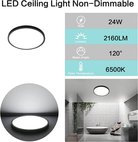 Lámpara de Techo LED de 24W, Lámpara de Techo IP50 de 2160LM, Lámpara de Techo Ultrafina Blanca Fría de 6500k, Lámpara de Techo Redonda Negra para Dormitorio, Sala de Estar, Pasillo, Balcón, Baño, Oficina, Ø30cm