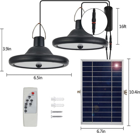 Luz solar exterior interior, lámpara colgante solar de doble cabezal con sensor de movimiento y control remoto, cable de 5 m impermeable IP65 para jardín, patio, balcón, garaje, granero