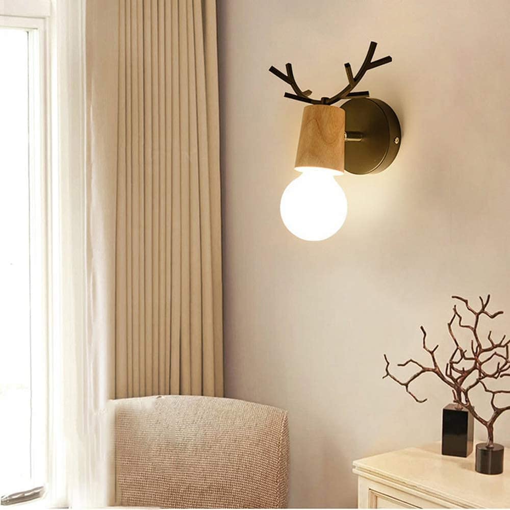 Lámpara de pared retro, paquete de 2, lámpara de pared de madera con diseño de asta creativa, iluminación de pared de metal vintage, lámparas de pared interiores ajustables para sala de estar, dormitorio, pasillo, decoración moderna