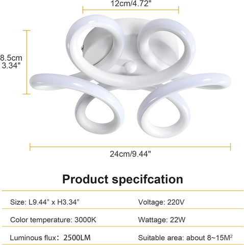 Lámpara de techo LED, lámpara de araña de 22 W, lámpara de techo de diseño curvo moderno para pasillo, balcón, sala de estar, cocina, baño, dormitorio, diámetro 26 cm, 3000 K, blanco cálido