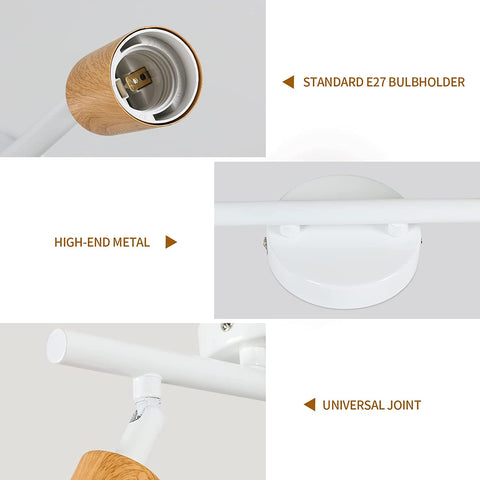 Lámpara de Techo LED 2 Puntos Ajustables, Lámpara de Techo LED Blanca Madera, Iluminación de Techo Interior para Cocina, Sala de Estar, Dormitorio, Pasillo, Sin Bombillas, Máx. 60W