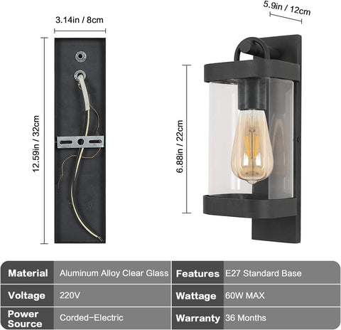 Aplique de pared para exteriores, lámpara de pared exterior industrial E27 con pantalla de vidrio transparente IP54, lámpara de pared retro para sala de estar, pasillo, escaleras (sin bombilla)