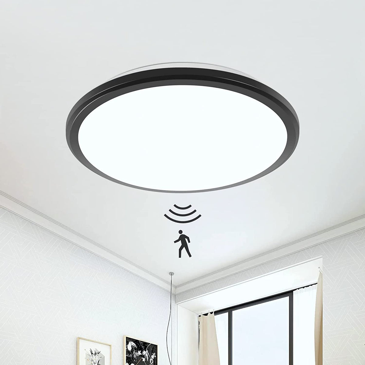 Lámpara de techo LED, lámpara de techo moderna redonda de 24 W, luz de techo con sensor de movimiento negro, IP54 impermeable, a prueba de polvo, lámpara LED interior para baño, balcón, pasillo, entrada, 6000 K