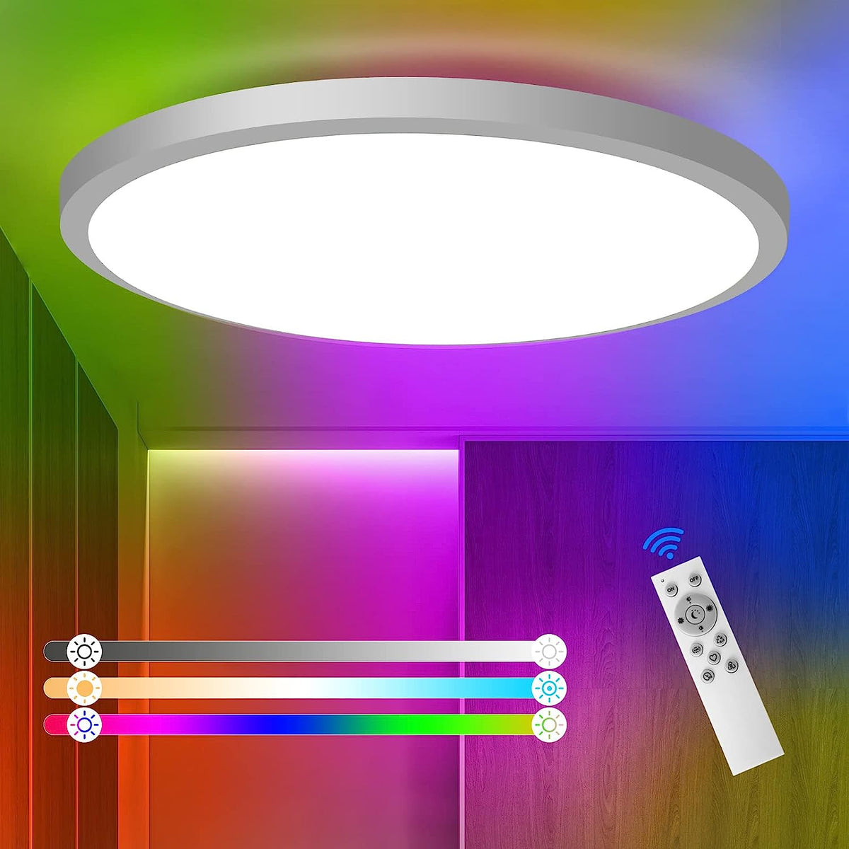 Luz de techo LED regulable RGB 3000K-6500K Luz de techo LED redonda para baño IP54 impermeable para baño, dormitorio, sala de estar, cocina ?30CM