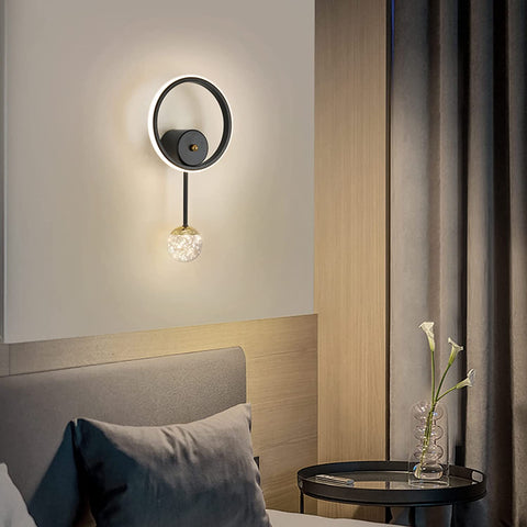 Aplique de pared interior, lámpara de pared LED de diseño redondo moderno de 17 W, aplique de pared LED 3000 K, luz cálida negra para dormitorio, sala de estar, pasillo