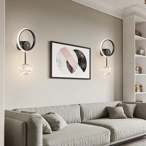 Aplique de pared interior, lámpara de pared LED de diseño redondo moderno de 17 W, aplique de pared LED 3000 K, luz cálida negra para dormitorio, sala de estar, pasillo