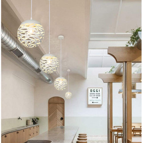 Lámpara colgante calada con cabeza brillante, lámpara tallada de hierro forjado simple para comedor (blanco, 20 cm)