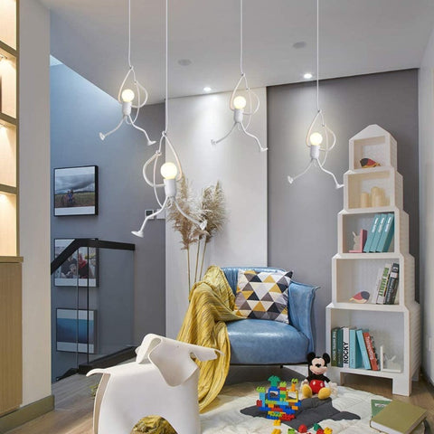 Lámpara de araña creativa moderna y encantadora blanca, diseño de dibujos animados de Iron Man, lámpara elegante para habitación de niños, mesita de noche, sala de estar, balcón, estudio