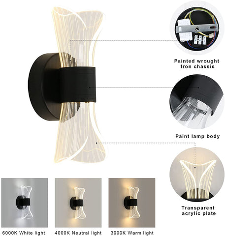 Lámpara de pared interior LED regulable, lámpara de pared LED moderna de 12 W, diseño creativo, iluminación acrílica, lámpara de pared para sala de estar, pasillo, dormitorio, escaleras, negro