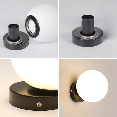 Aplique De Pared Interior Lámpara De Pared Esférica Moderna De Vidrio Base E27 para Dormitorio, Sala De Estar, Pasillo, Entrada Negra (Bombilla No Incluida)