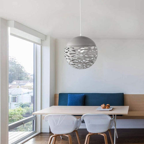 Lámpara colgante calada con cabeza brillante, lámpara tallada de hierro forjado simple para comedor (blanco, 20 cm)