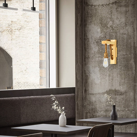 Aplique de pared de madera retro, focos de pared industriales vintage, lámparas de pared de cuerda de cáñamo creativas E27 para dormitorio, balcón, pasillo, cocina, escaleras