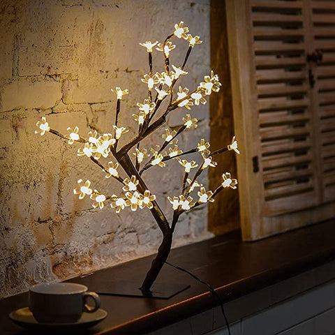 Árbol iluminado LED de 45 cm con 48 flores de cerezo, luces LED, para Navidad, interior, decoración, oficina, mesita de noche, blanco cálido