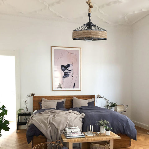 GOECO Lámpara de Cuerda de Cáñamo, Lámpara Colgante de Metal Negro Retro, Lámparas Colgantes de Campo, Lámpara de Techo de Pasillo E27 Accesorio de Iluminación para Sala de Estar Dormitorio Decorar el Hogar 220V
