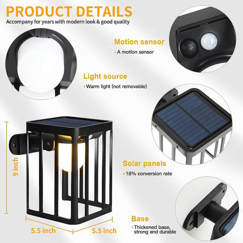 2 luces solares de pared con sensor de movimiento para exteriores, lámpara de pared LED, blanco cálido, 3000 K, para patio, jardín, pasillo, terraza, cerca de la pared, camino, patio, villa