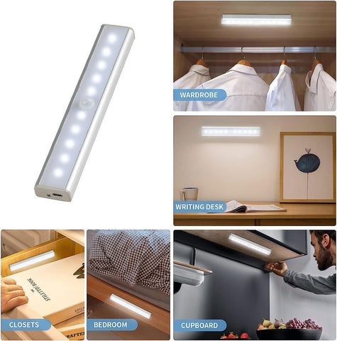 Luz LED para gabinete, 10 LED, luz blanca de 6500 K, sensor de movimiento, luz recargable para gabinete con tira magnética autoadhesiva, adecuada para cocina, escaleras, pasillo (2 piezas)