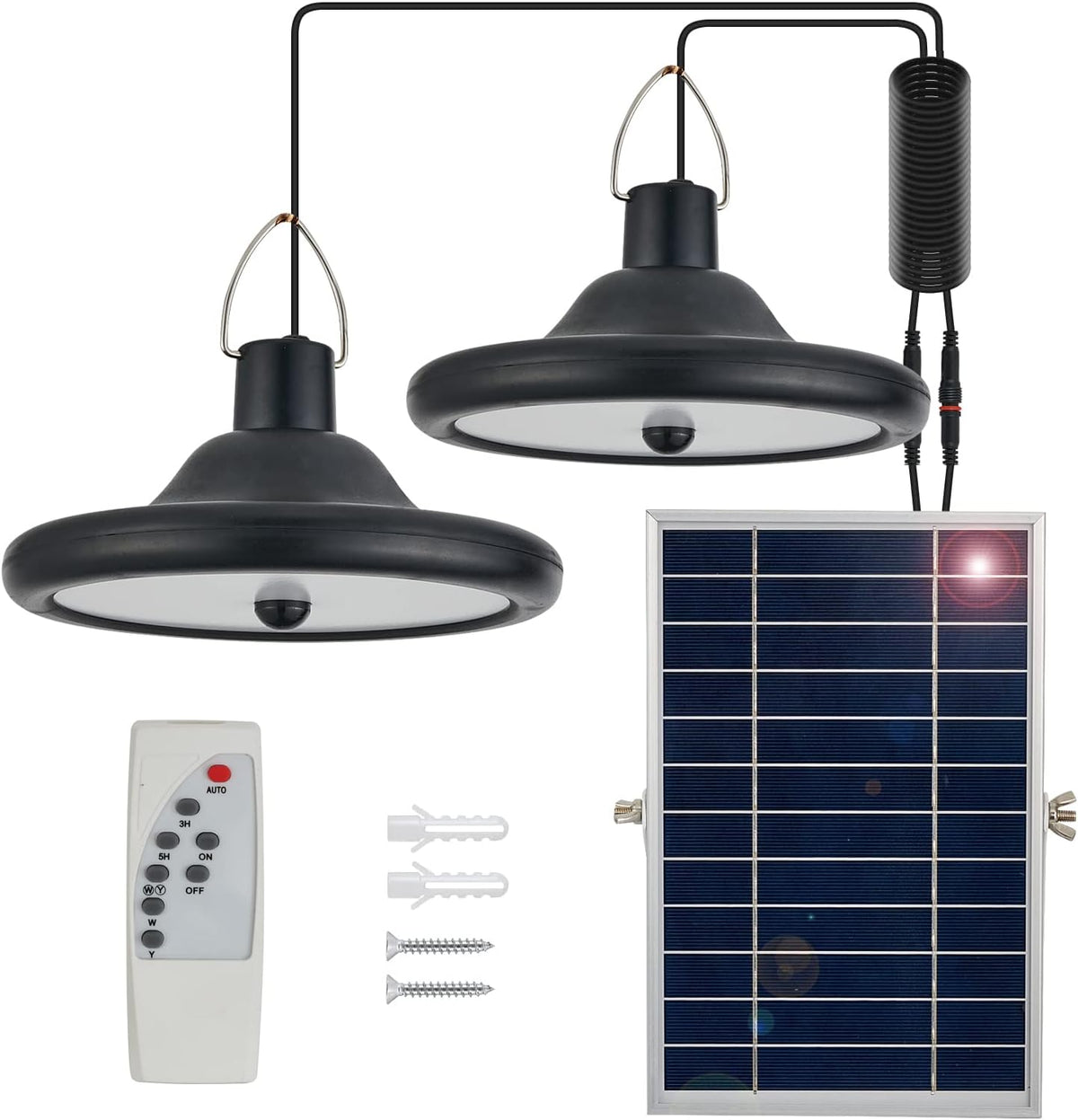 Lampe Solaire Extérieur Intérieur, Suspension Solaire à Double Tête avec Détecteur de Mouvement et Télécommande, IP65 étanche Pendant 5m Cable pour Jardin, Terrasse, Balcon, Garage, Grange