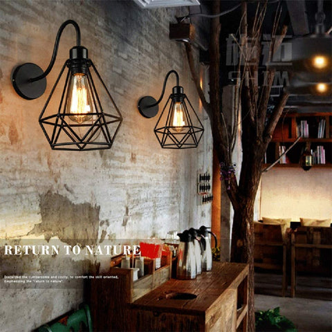 Apliques de pared industriales vintage con jaula de metal de diamante negro, lámpara de techo E27 Edison, aplique retro para interiores, decoración para sala de estar, cocina, pasillo, dormitorio, cafetería, bar, paquete de 2