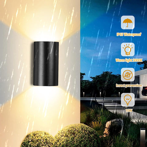 Aplique de pared para exterior, lámpara de pared LED de 10 W, blanco cálido, 3000 K, impermeable, IP65, para entrada, pasillo, patio, jardín, terraza, balcón, garaje, negro