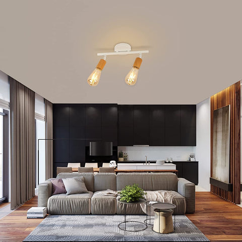 Lámpara de Techo LED 2 Puntos Ajustables, Lámpara de Techo LED Blanca Madera, Iluminación de Techo Interior para Cocina, Sala de Estar, Dormitorio, Pasillo, Sin Bombillas, Máx. 60W